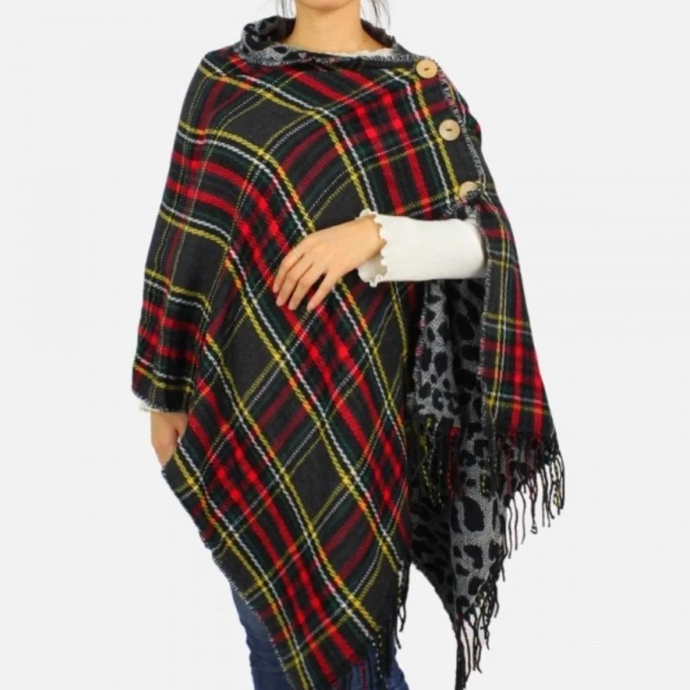 Plaid Reversible Poncho Buttons Cheetah Print Lagenlook‎ Boho Holiday Christmas